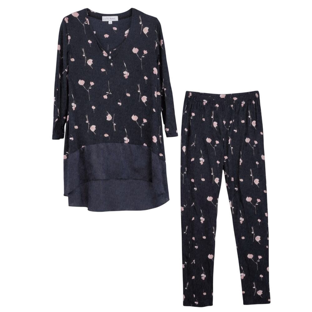 Anne Klein Floral pajama Set, Womens Size L ,Black With Pink Lounge, Comfy